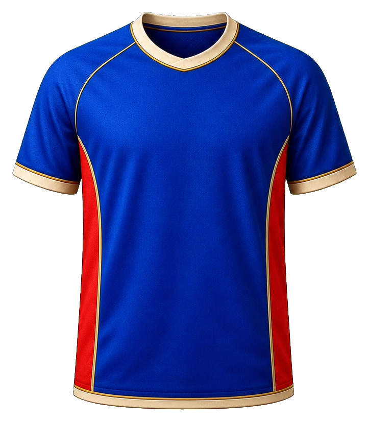 Blue blank soccer jersey with red side panels and gold trim