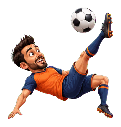 Caricature soccer player performing a bicycle kick with a ball overhead