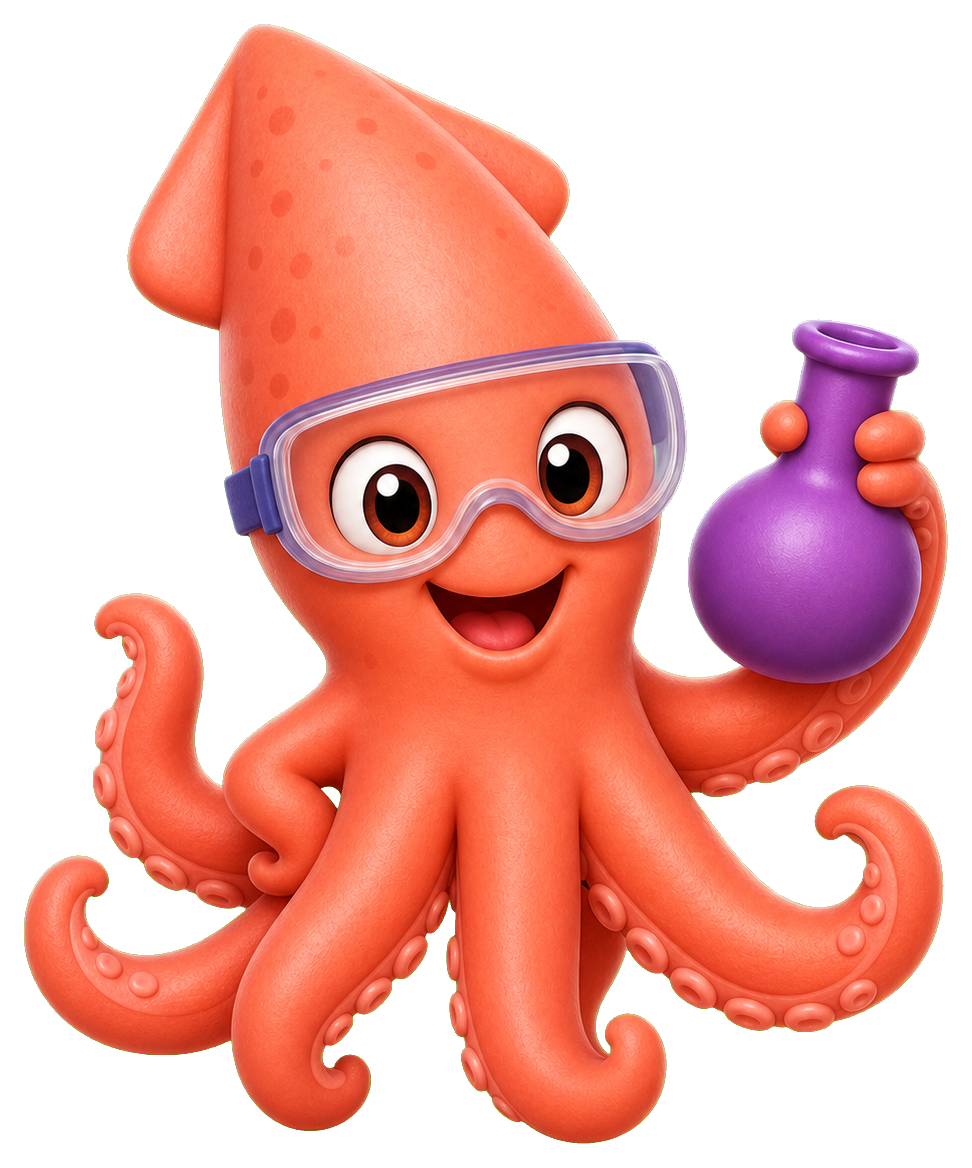 Cute orange squid scientist holding a purple flask and wearing goggles.
