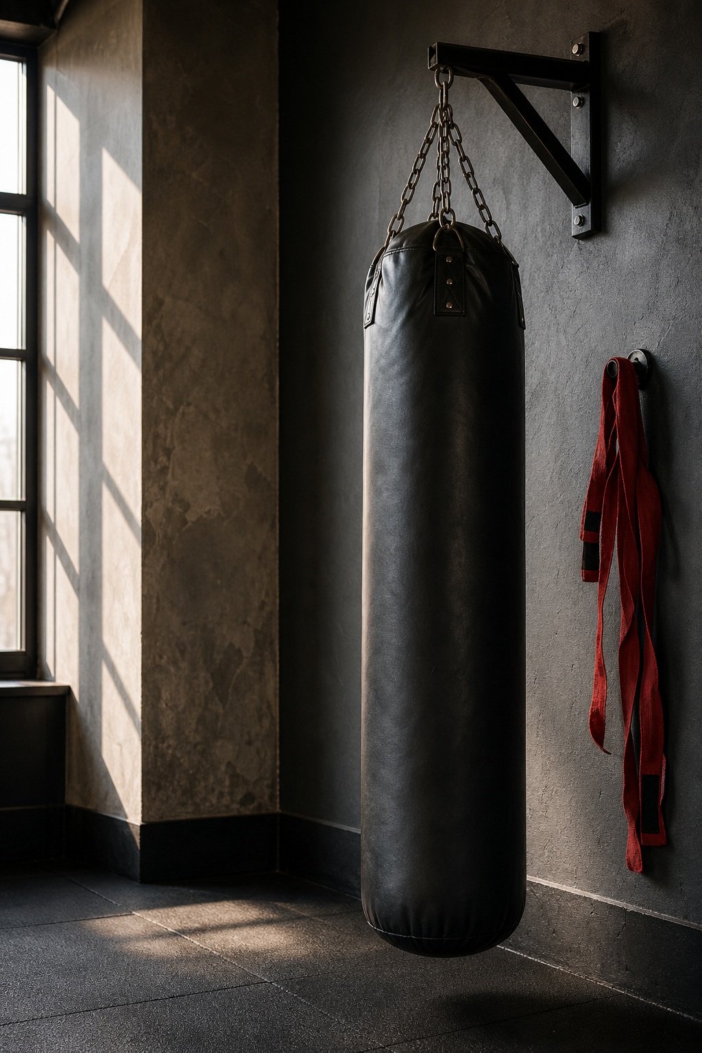 A black boxing bag hanging in a dim gym corner beside a window and red straps.