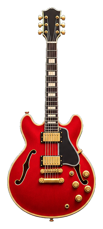 Red hollow body electric guitar with gold hardware and black pickguard