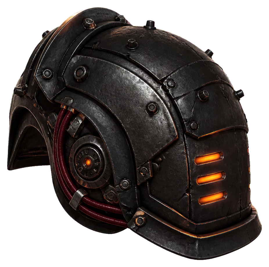 Dark armored shoulder plate with orange glowing slits and red inner details