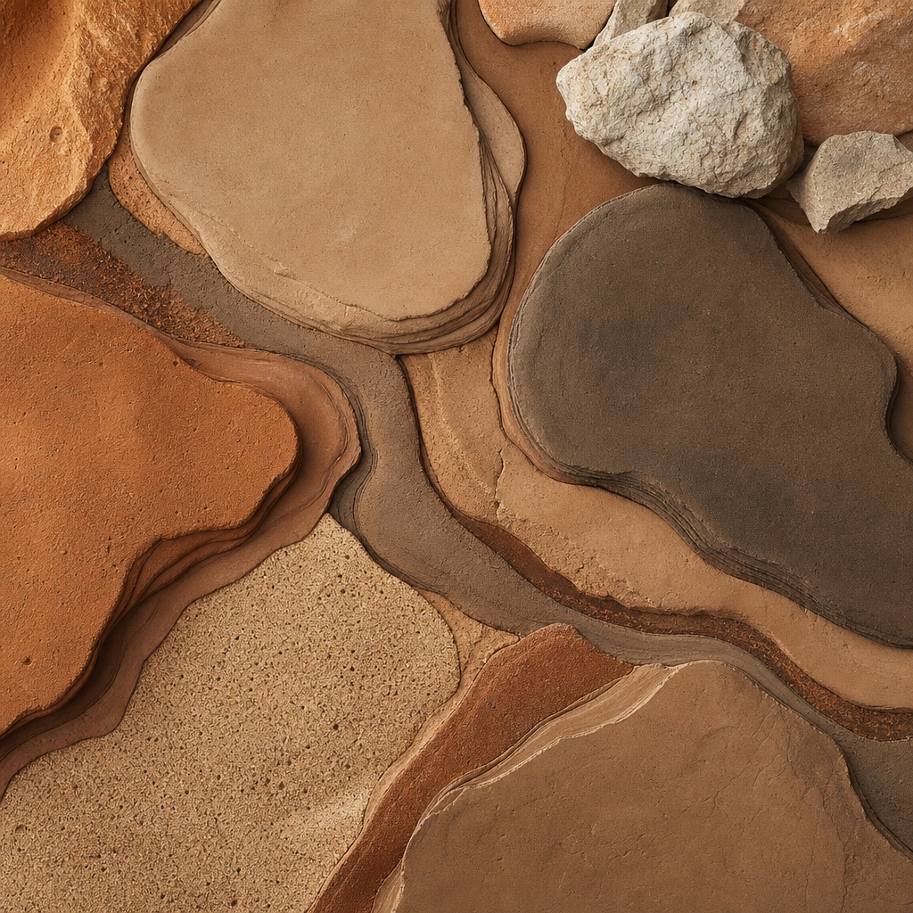 Layered organic clay shapes in warm earth tones with handmade texture and stone accents.