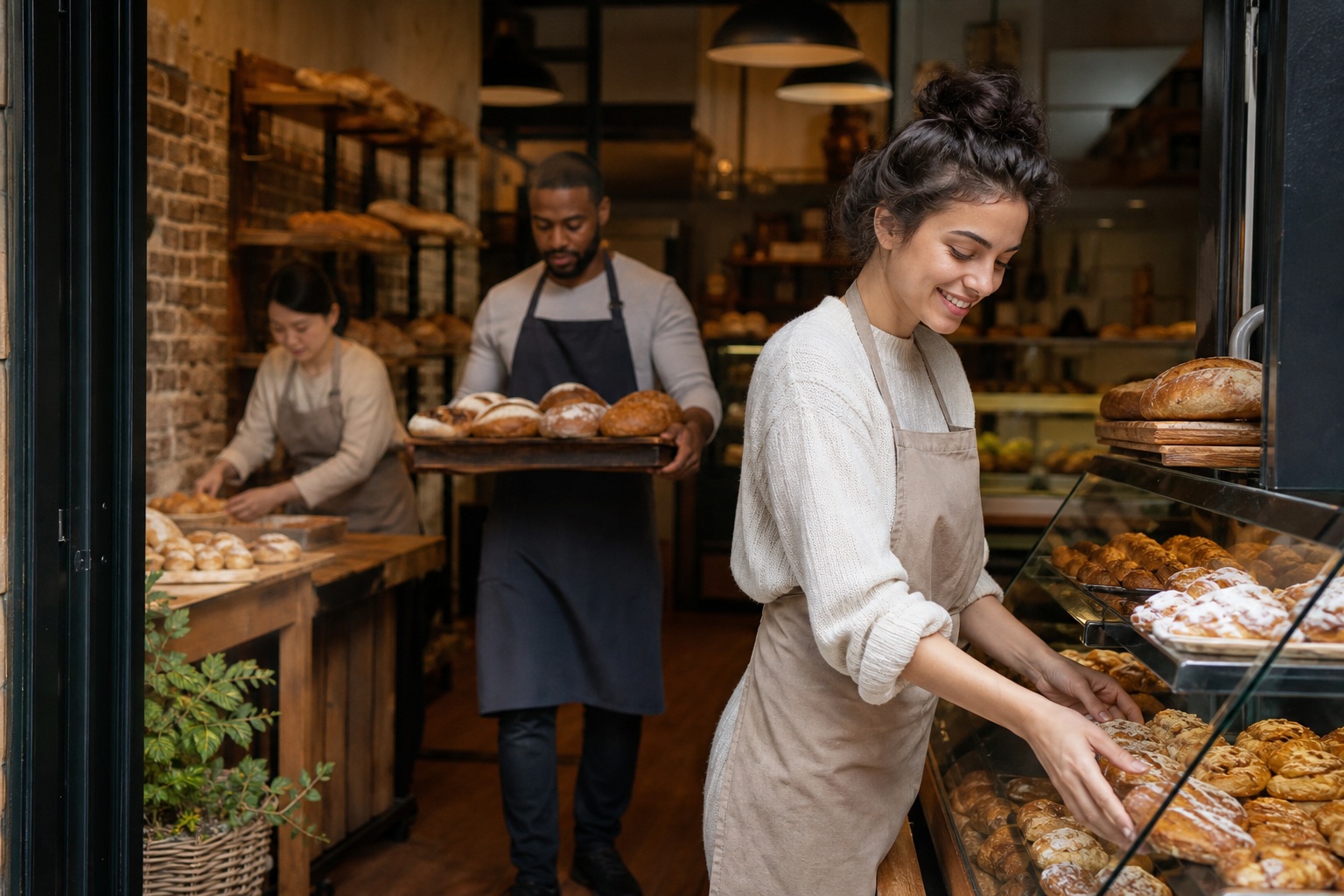 Woman arranging pastries in a bakery while a man carries a tray behind her