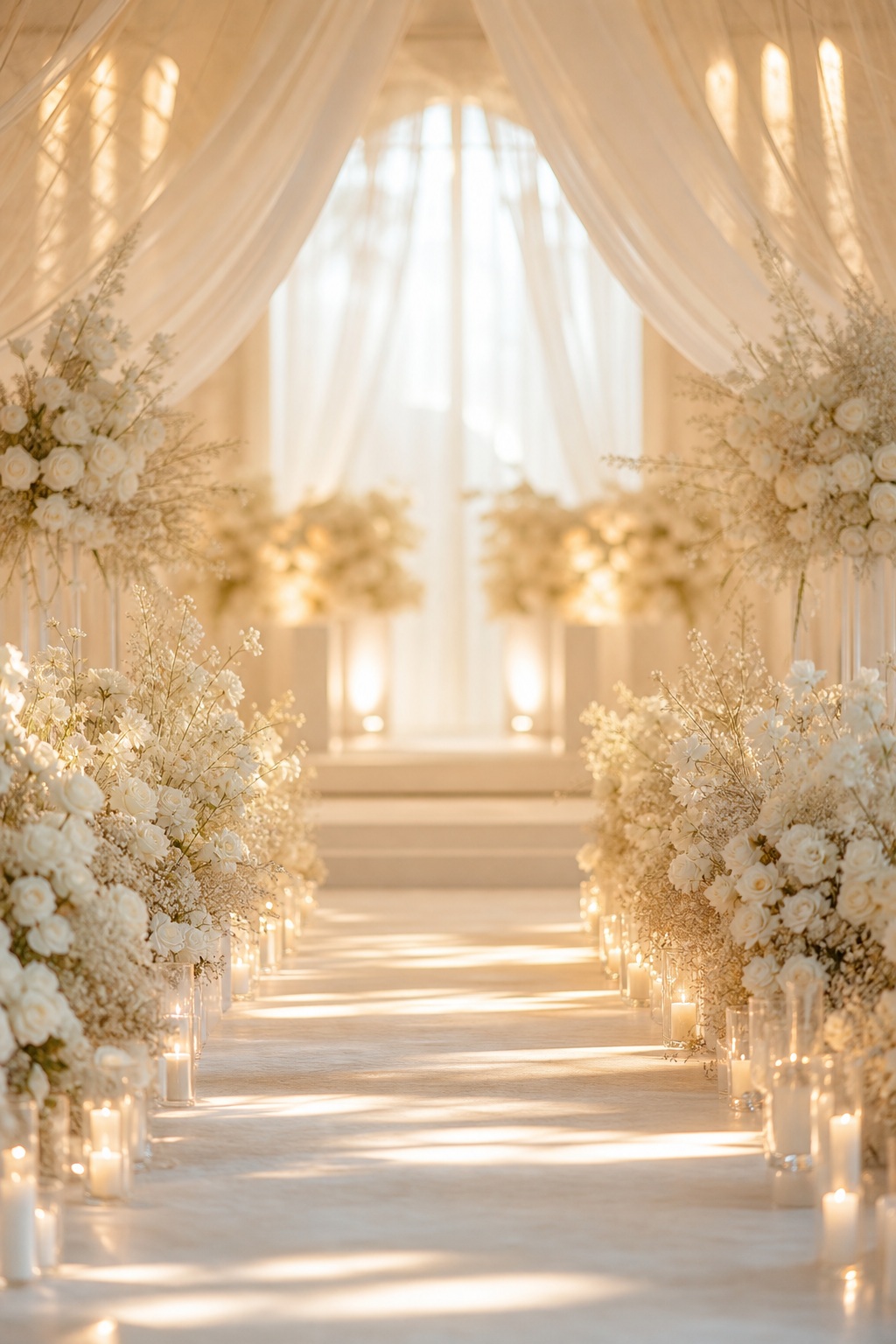 Bright wedding aisle lined with white flowers and soft draped fabric in warm light