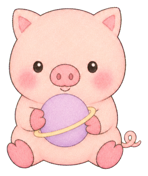 Cute kawaii pig holding a purple tiny planet with a yellow ring.
