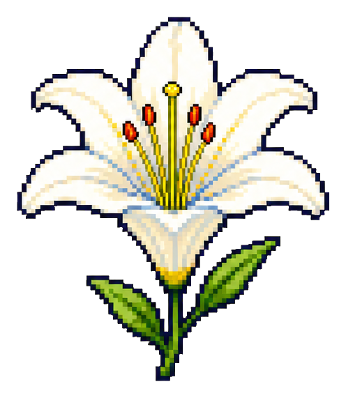 White pixel art lily flower with green leaves on a black background