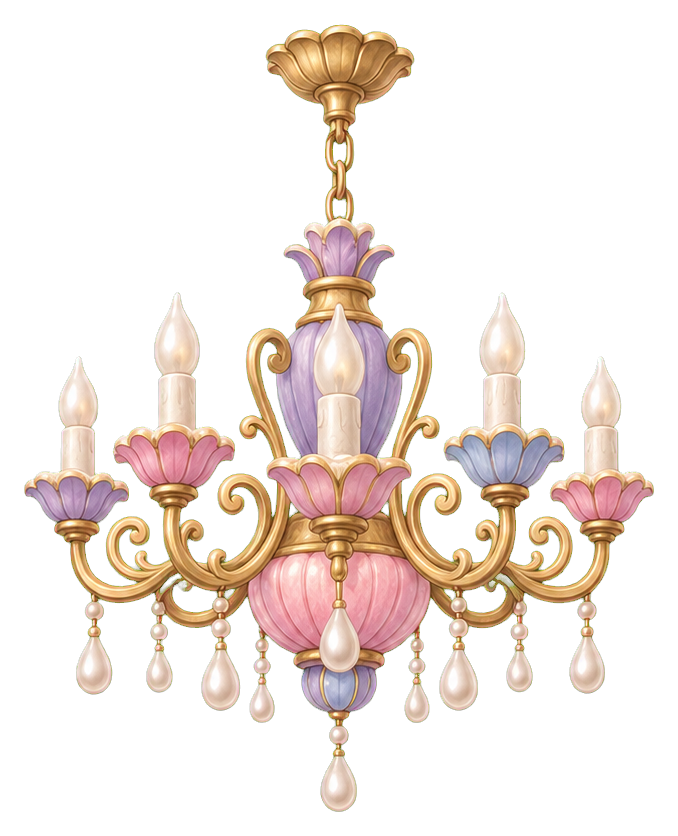 Ornate gold chandelier with pastel pink and lavender accents and dangling crystal drops