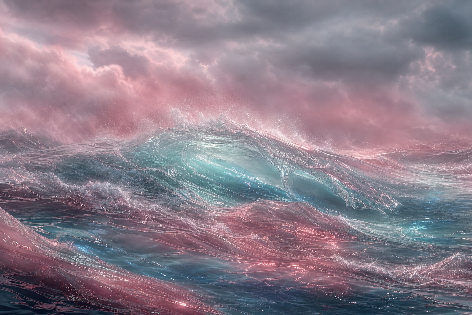 Pink mist over a futuristic ocean with glassy storm swells and distant horizon