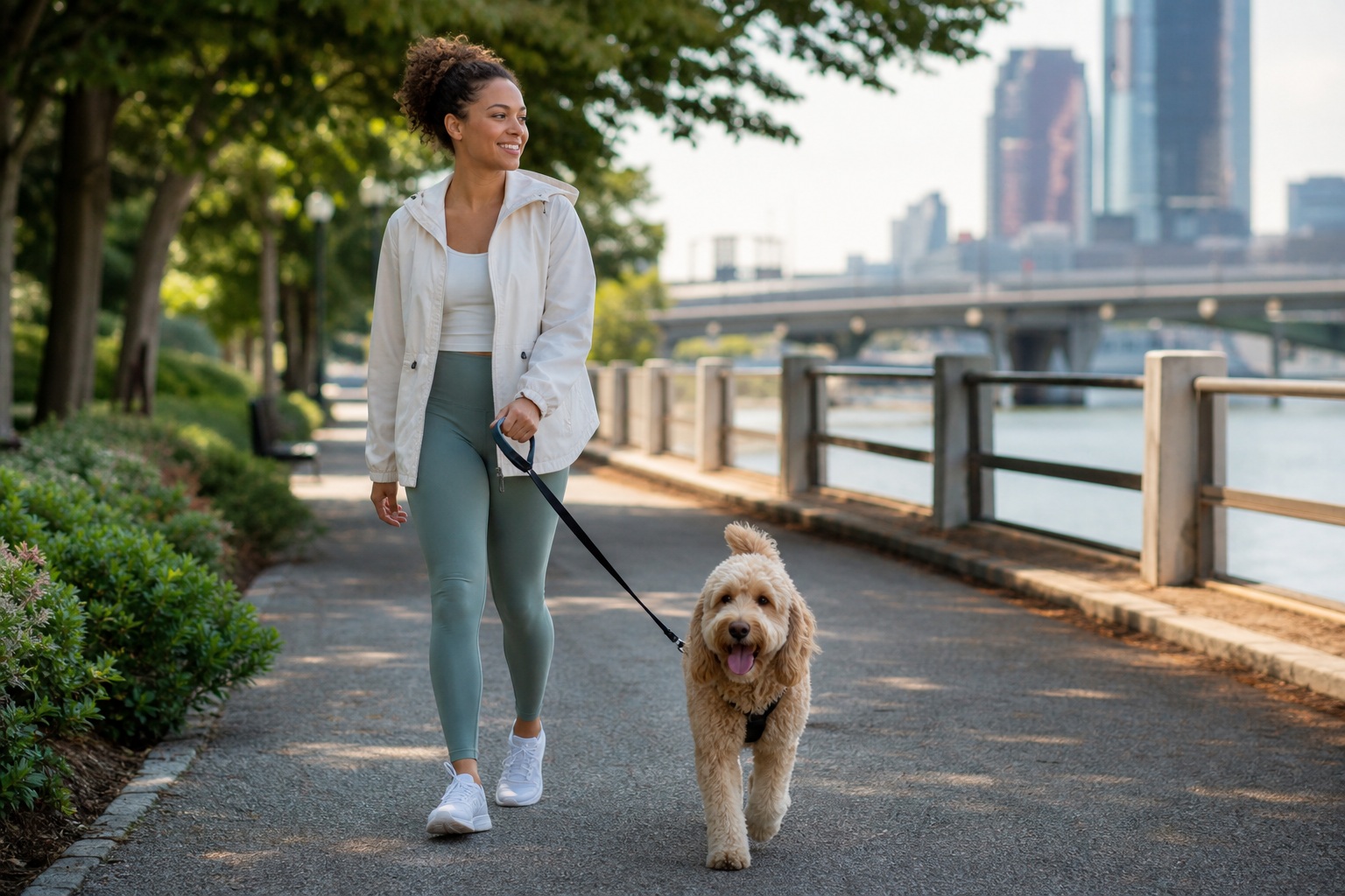 Woman walking a tan dog along a waterfront path in a city park