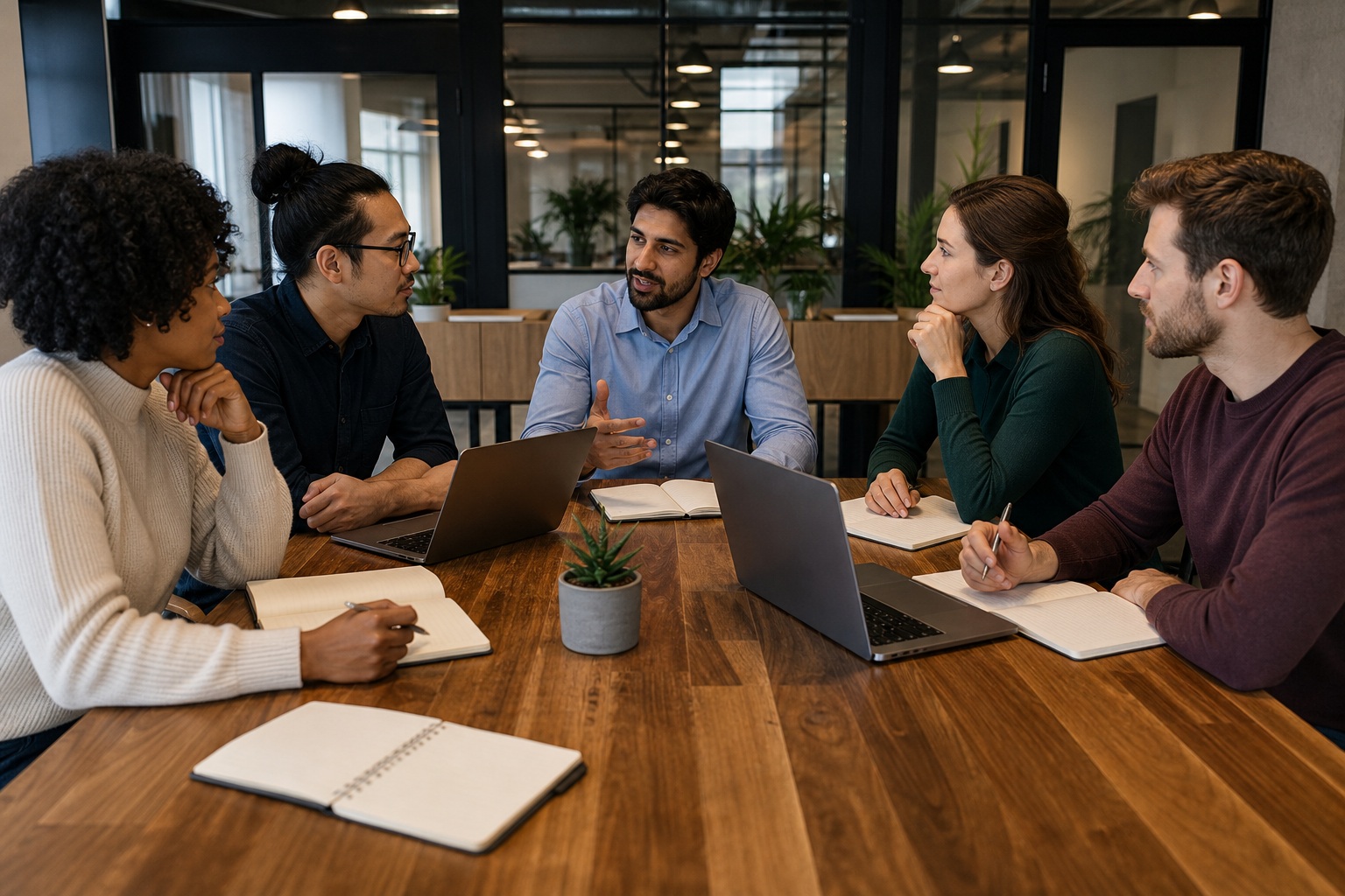 Five coworkers discussing a project around a wooden table in a conference room
