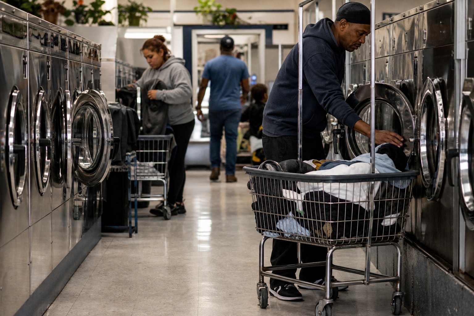 People and laundry carts inside a neighborhood laundromat aisle