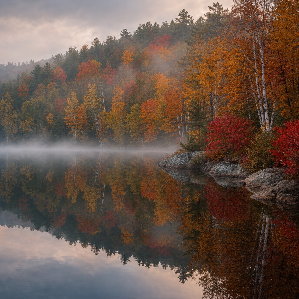 Misty lakeside autumn forest with colorful fall trees reflected in calm water