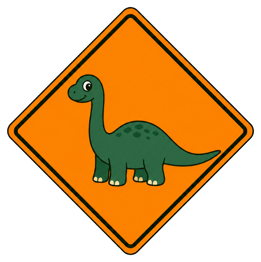 Orange diamond dinosaur crossing sign with a green cartoon dinosaur