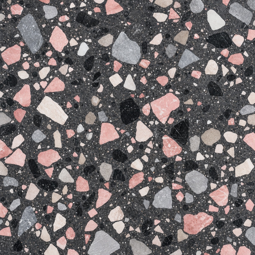 Black and pink terrazzo-style background with mixed colorful chips on a dark surface