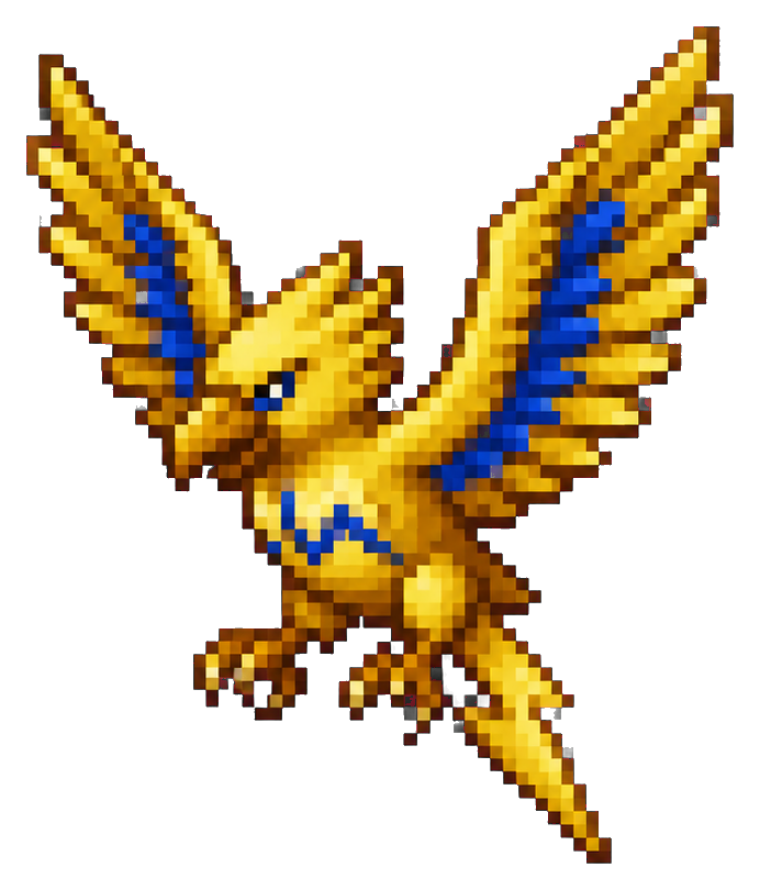 Gold pixel thunder bird with outstretched wings in retro sprite style