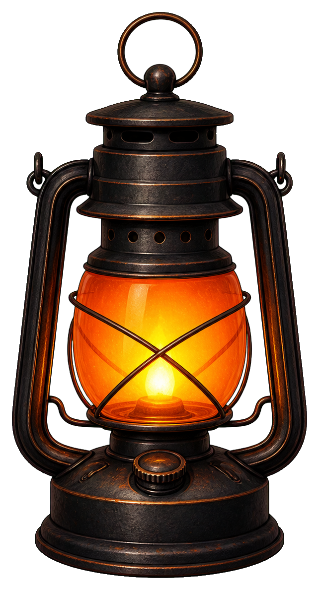 A vintage black lantern with a bright glowing orange flame inside.