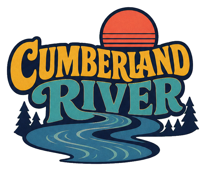 Retro Cumberland River word art with a sunset and stylized blue waves.