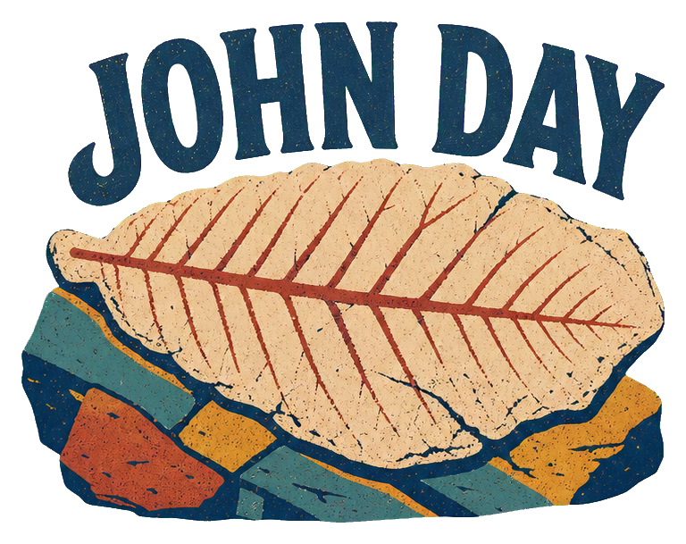 Blue John Day text over an illustrated fossil and rock graphic