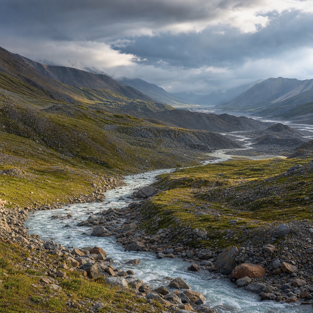 Glacial river winding through a mountain valley with layered moraine ridges and clearing storm clouds.