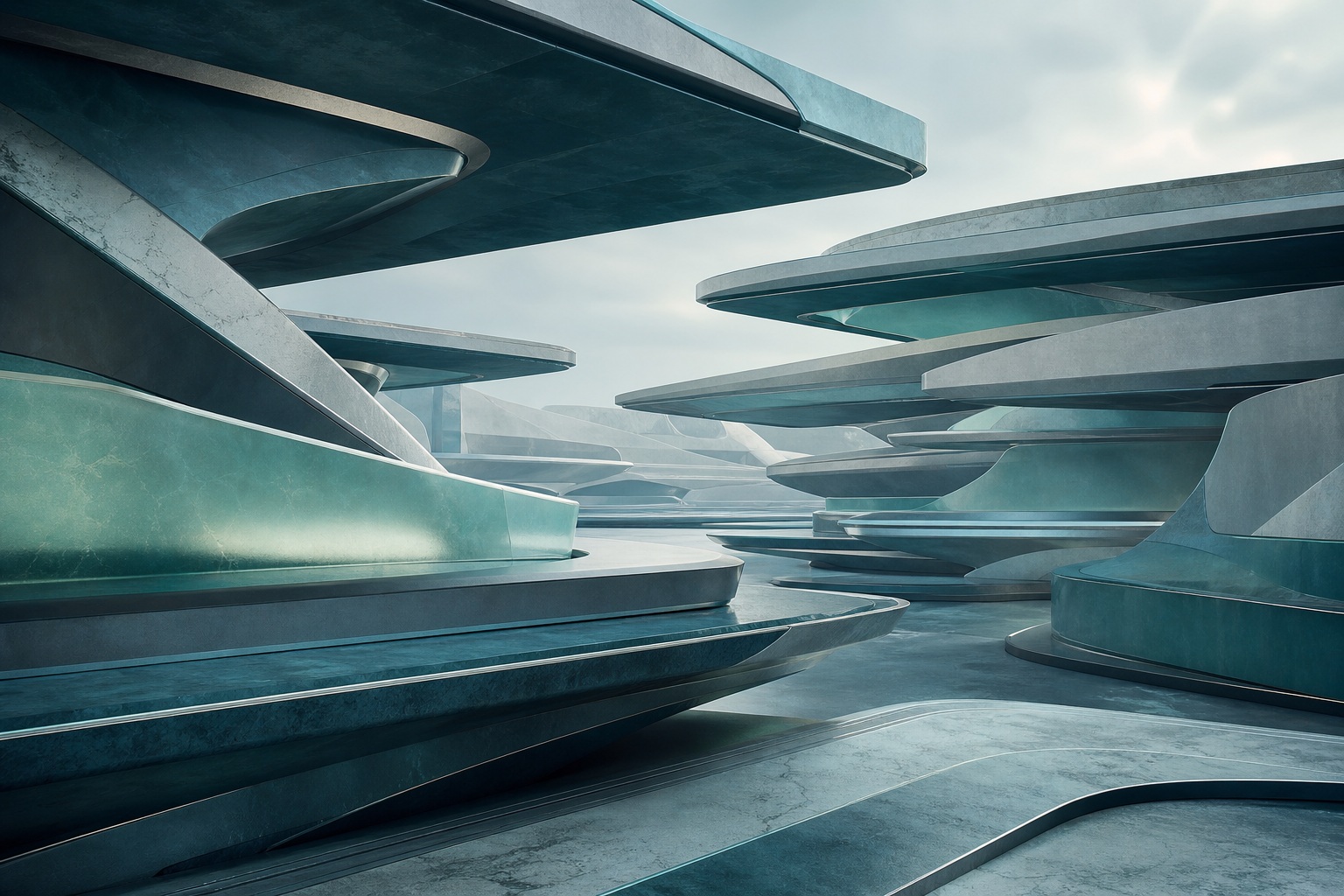 Abstract teal futuristic architecture with layered cantilevered structures and curved platforms.