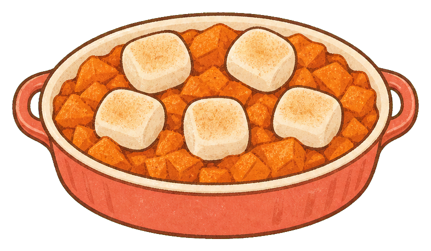 Coral casserole dish topped with marshmallows and baked sweet potatoes