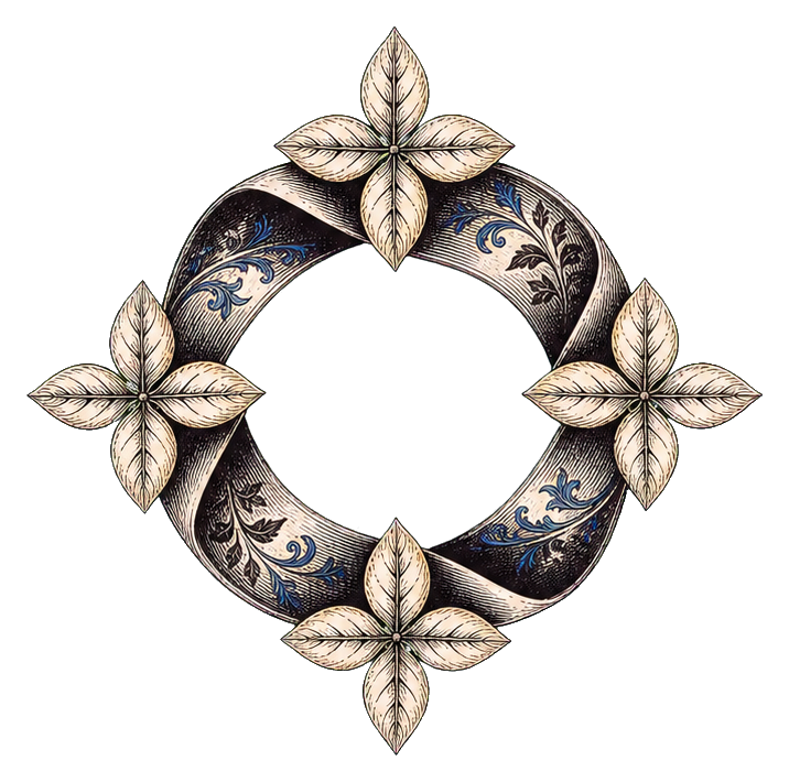 Black and white Mobius leaf garland arranged in a circular geometric ring