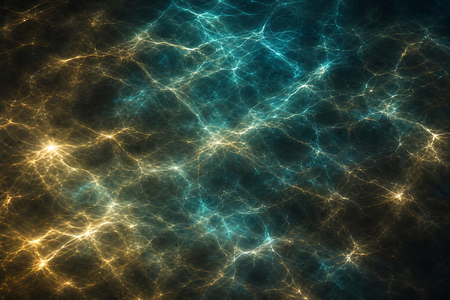 Blue and gold glowing bokeh with crisscrossing light caustics on a dark background