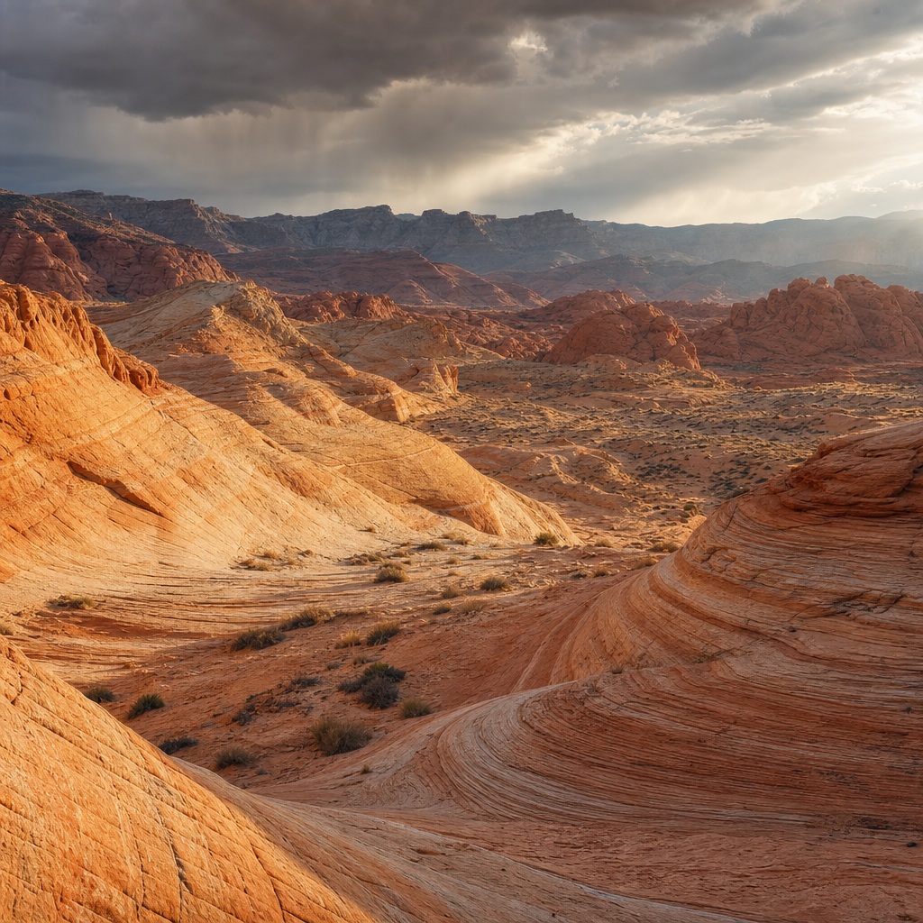 Sunlit sandstone canyon folds with red rock ridges and storm clouds overhead