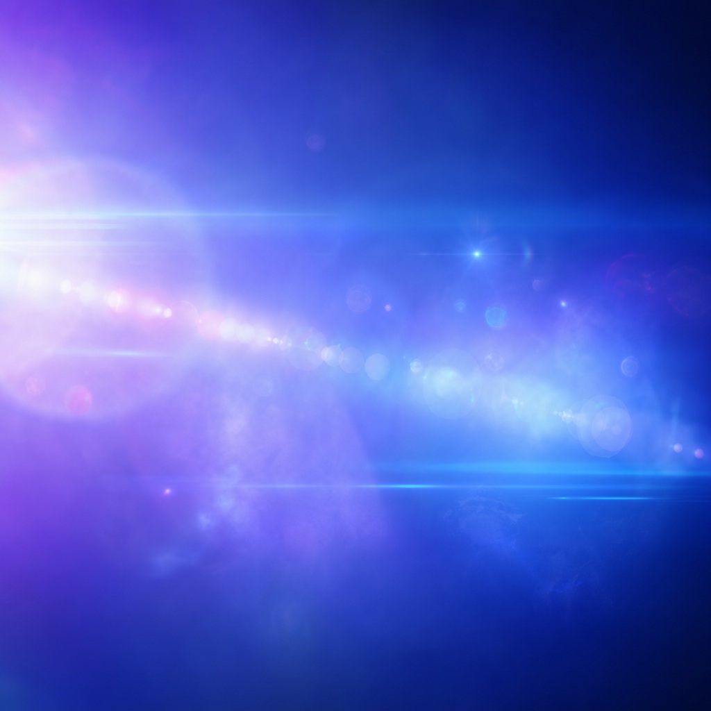 Blue abstract background with bright lens flare, bokeh glow, and light streaks.