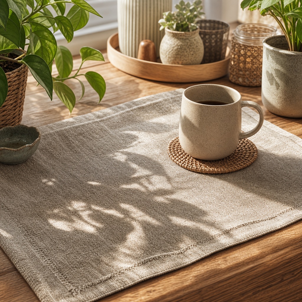 Sunlit wooden desk with a ceramic mug, woven mat, and small potted plants.