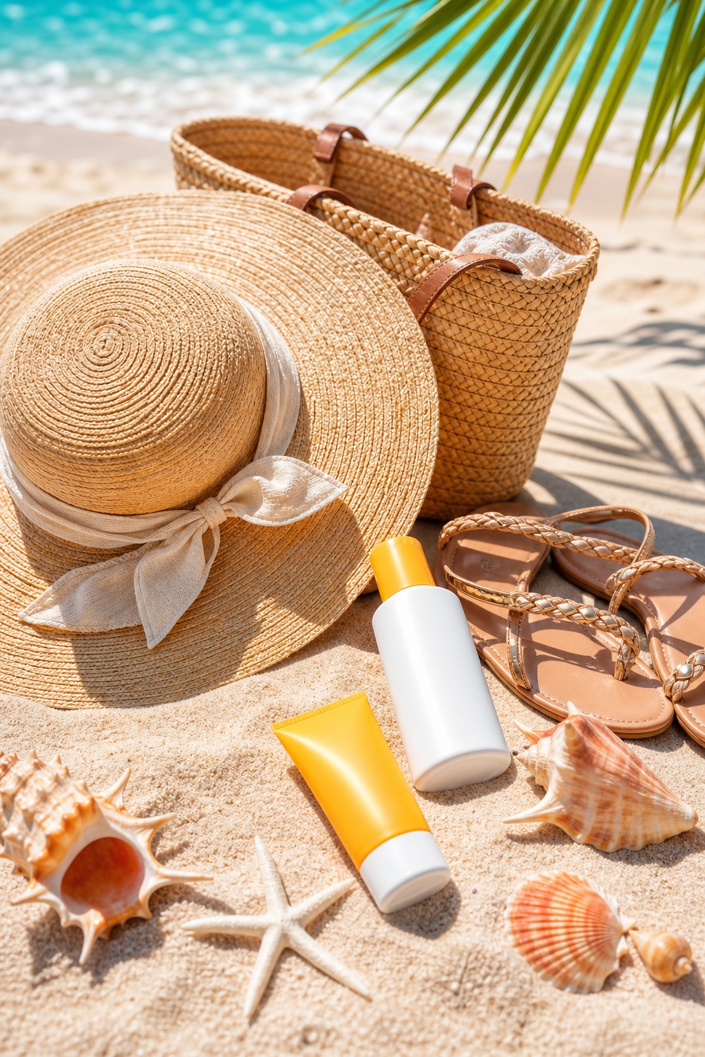 Straw sunhat, beach bag, sandals, sunscreen, and seashells on sunny sand