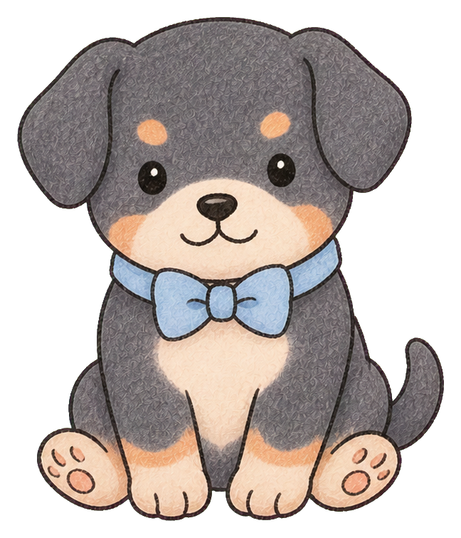 Cute gray and tan puppy sitting with a blue bow tie and floppy ears.