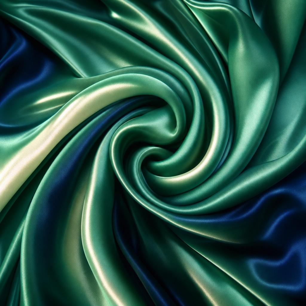 Emerald and deep blue satin-like abstract swirls forming a sculptural spiral