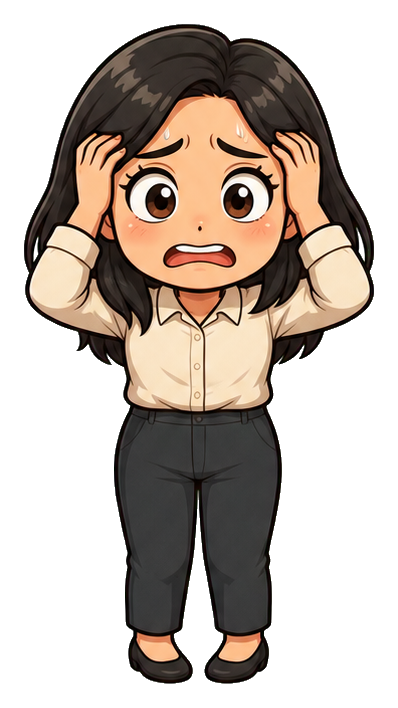 Wide-eyed young woman holding her head with an overwhelmed expression.