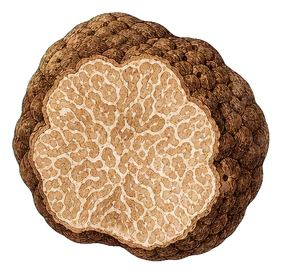 Vintage-style truffle cross-section with a brown outer rind and pale interior