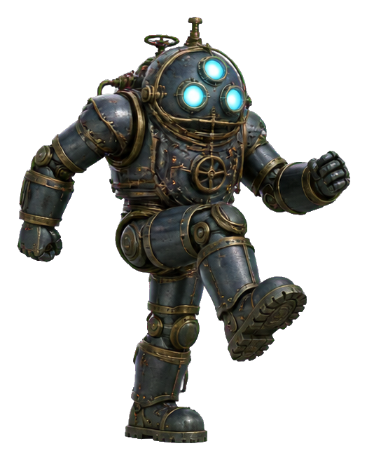 Dieselpunk submarine robot with glowing eyes stepping forward in an action pose.