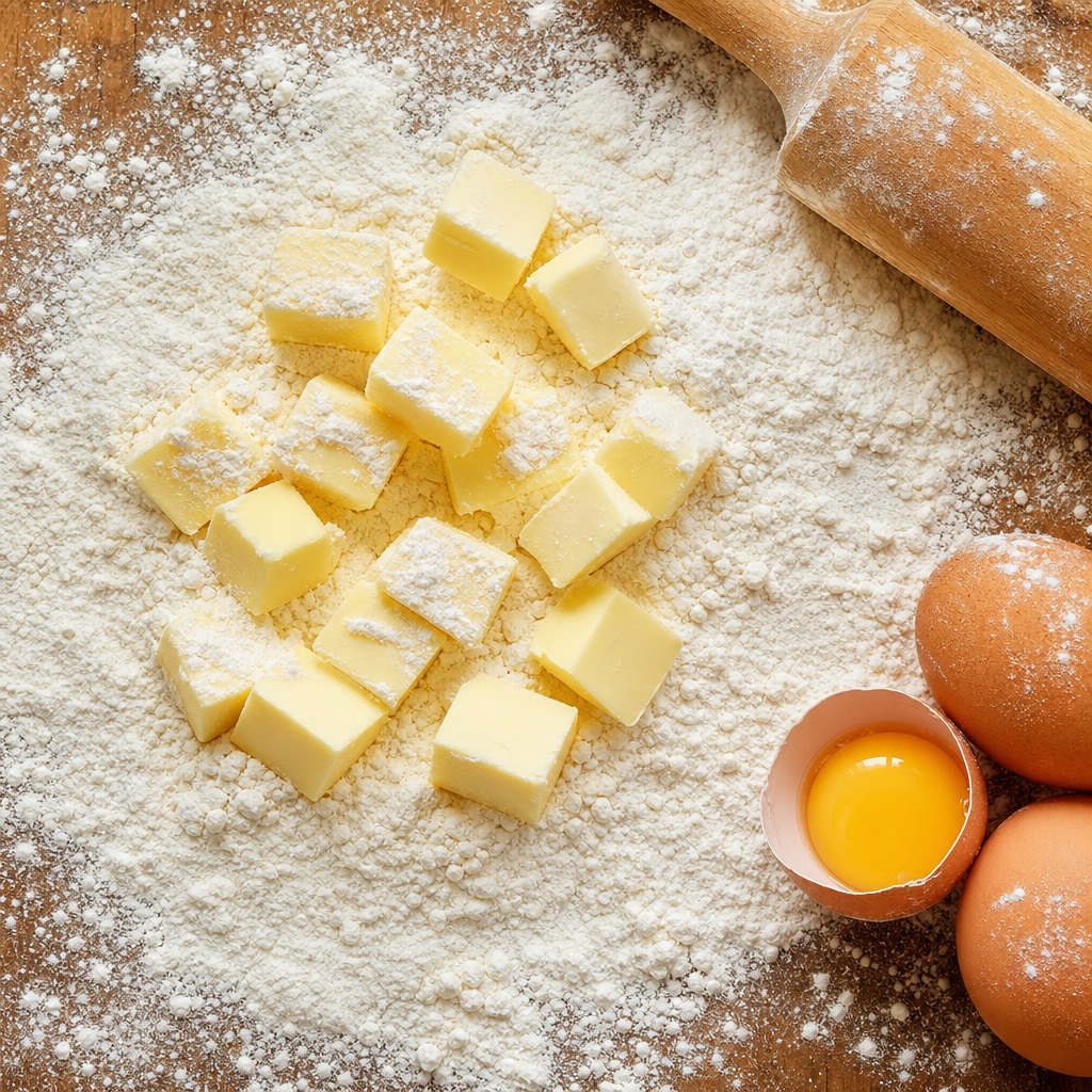 Flour with butter cubes, eggs, and a rolling pin on a kitchen tabletop