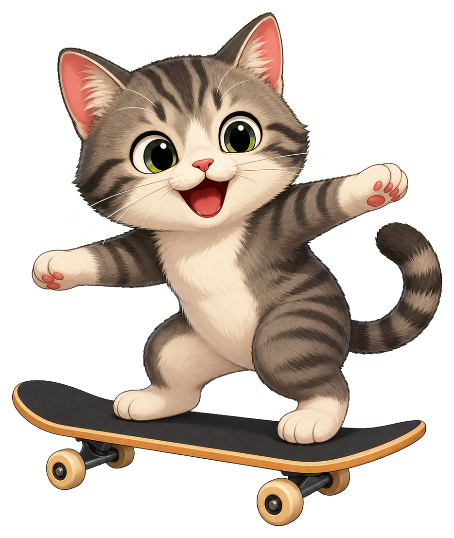 Cute cartoon cat balancing on a skateboard with a happy expression.