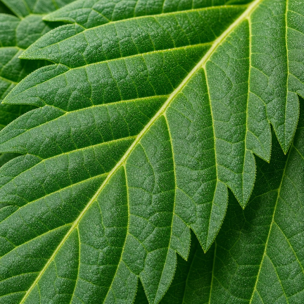 Close-up of a green cannabis leaf with visible veins and textured surface.