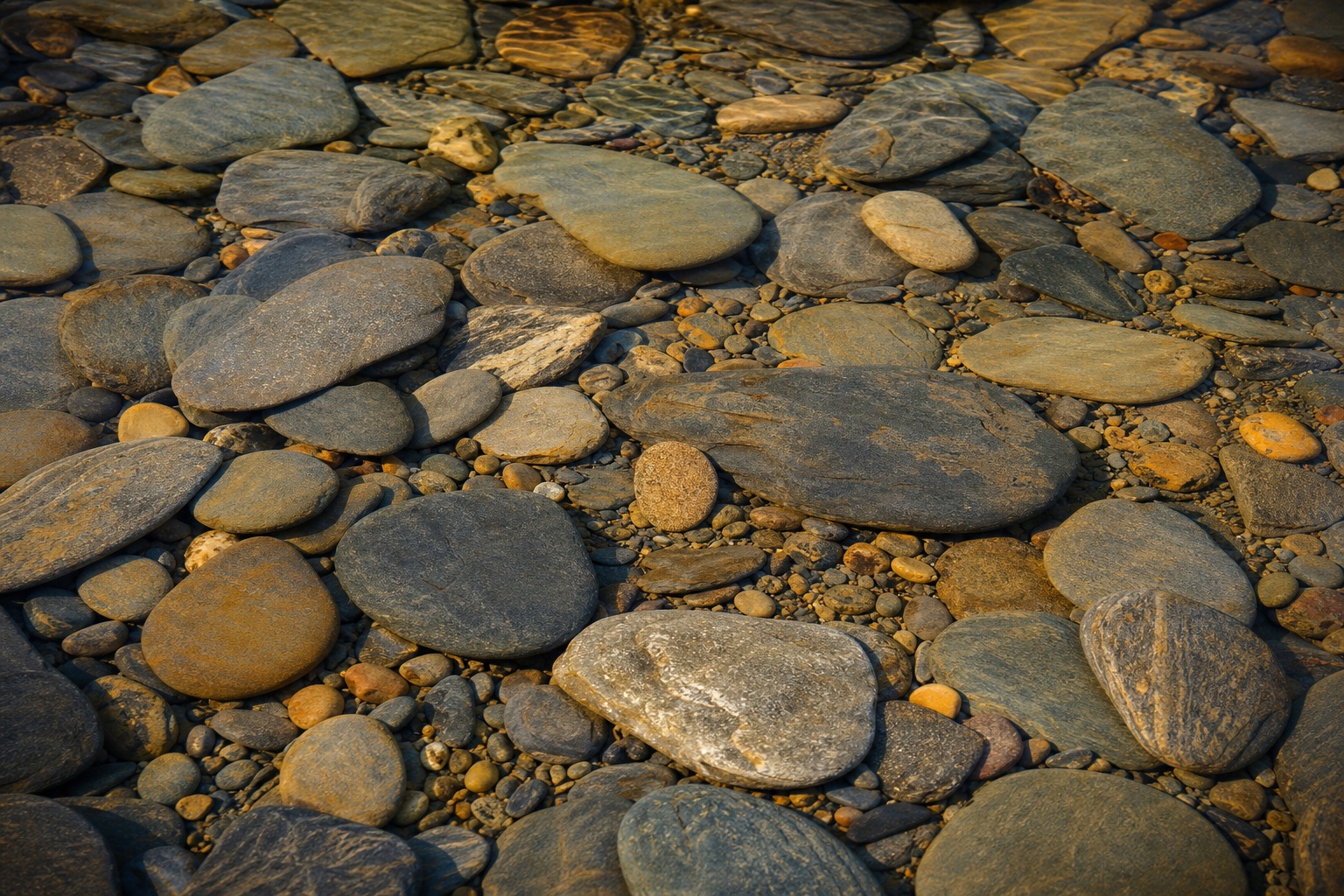 Warm-lit flat slate stones and small pebbles forming a natural textured surface