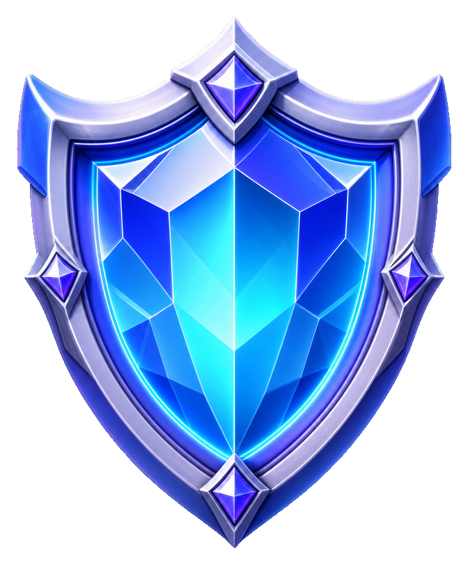Glossy blue shield power-up icon with faceted crystal center