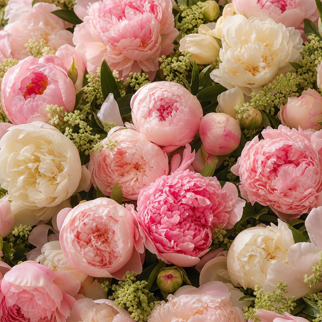 Pink and cream peonies clustered together in a soft floral background.