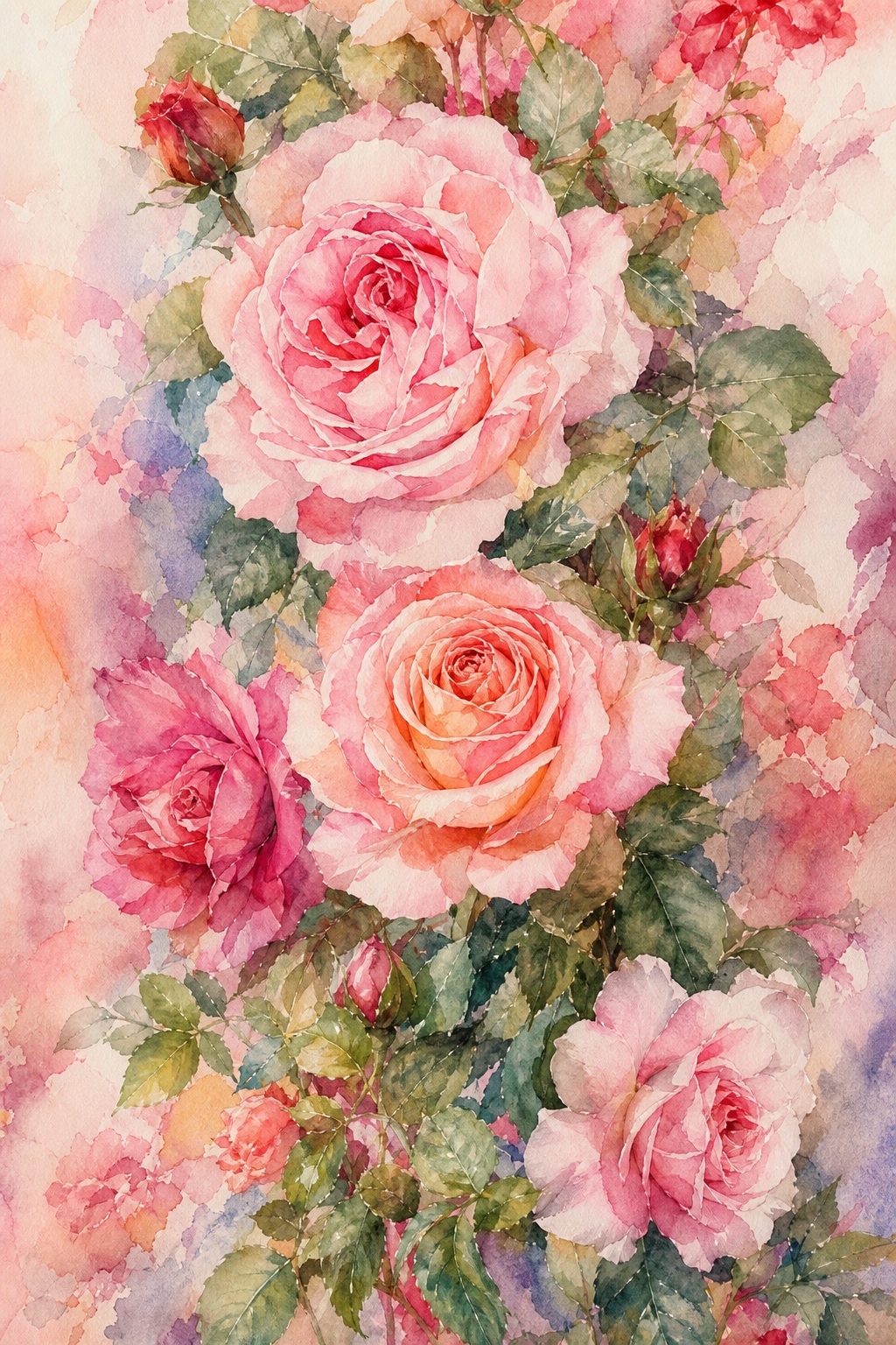 Vertical watercolor background with pink roses and soft botanical leaves
