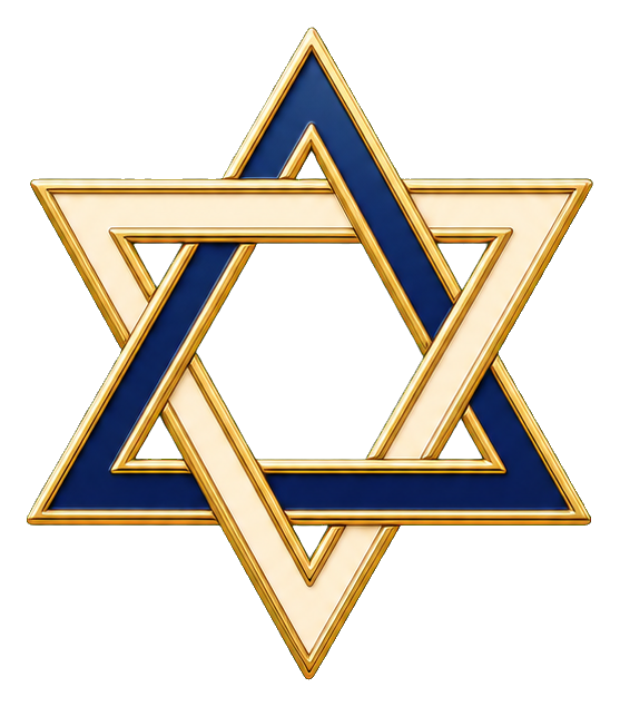 Gold enamel Star of David outlined in blue and gold.