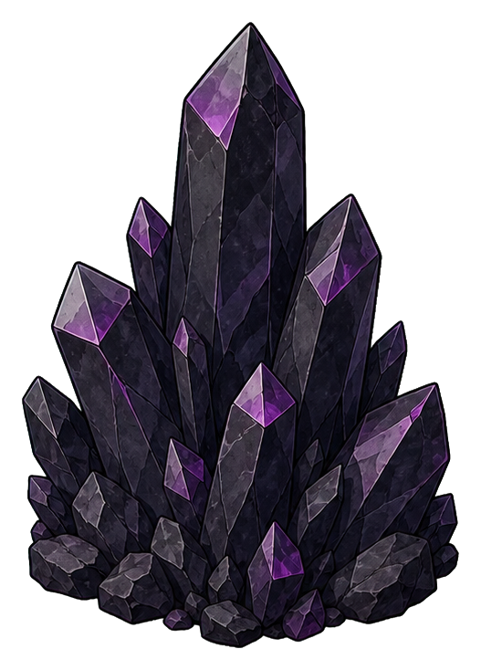Dark purple crystal cluster with sharp faceted points on a black background