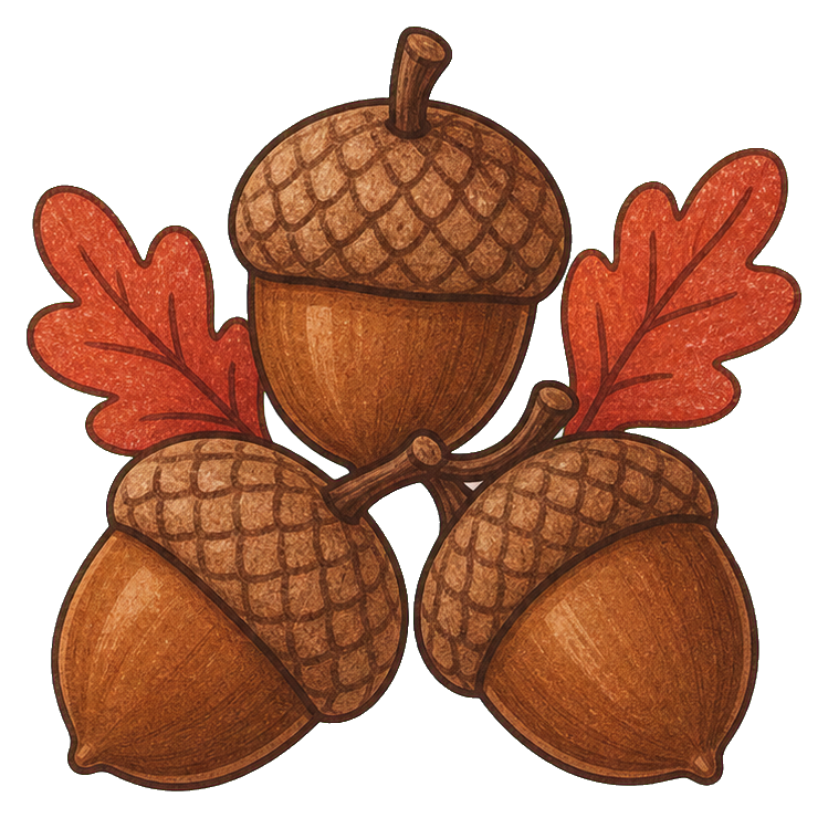 Three acorns with rust-colored oak leaves arranged in a cozy autumn cluster.