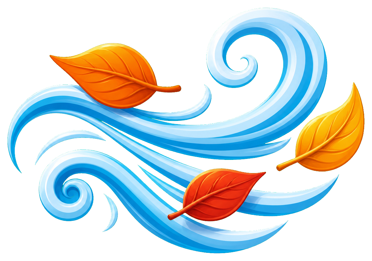 Blue windy swirl with orange leaves and flowing curved lines