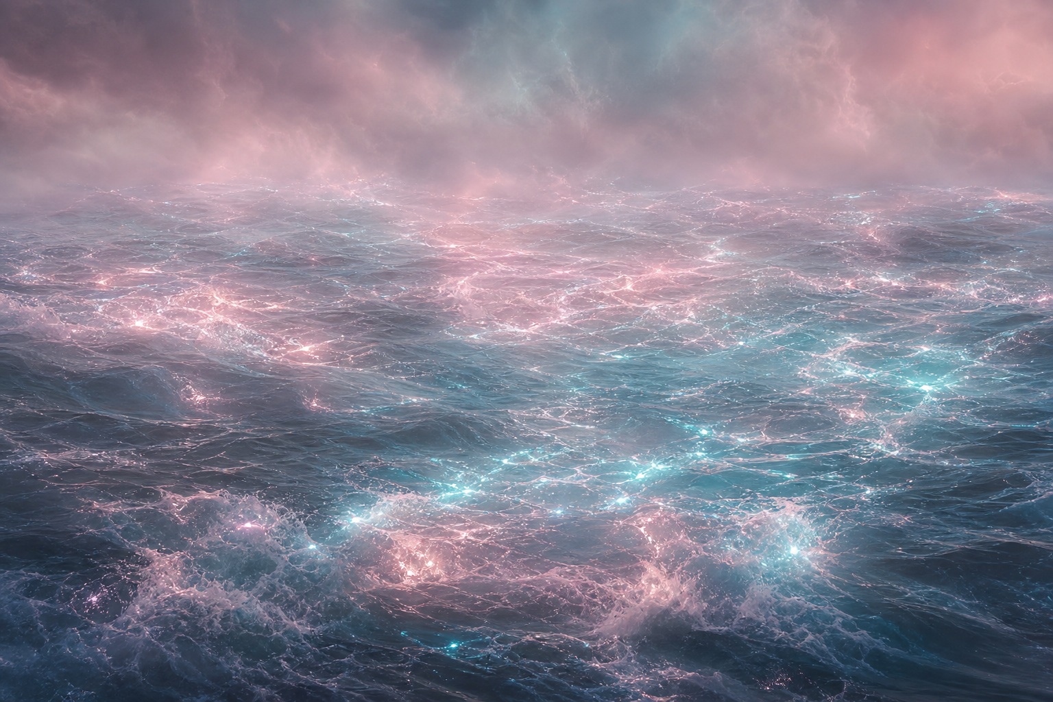 Pink rose mist over a glowing futuristic ocean with a distant horizon