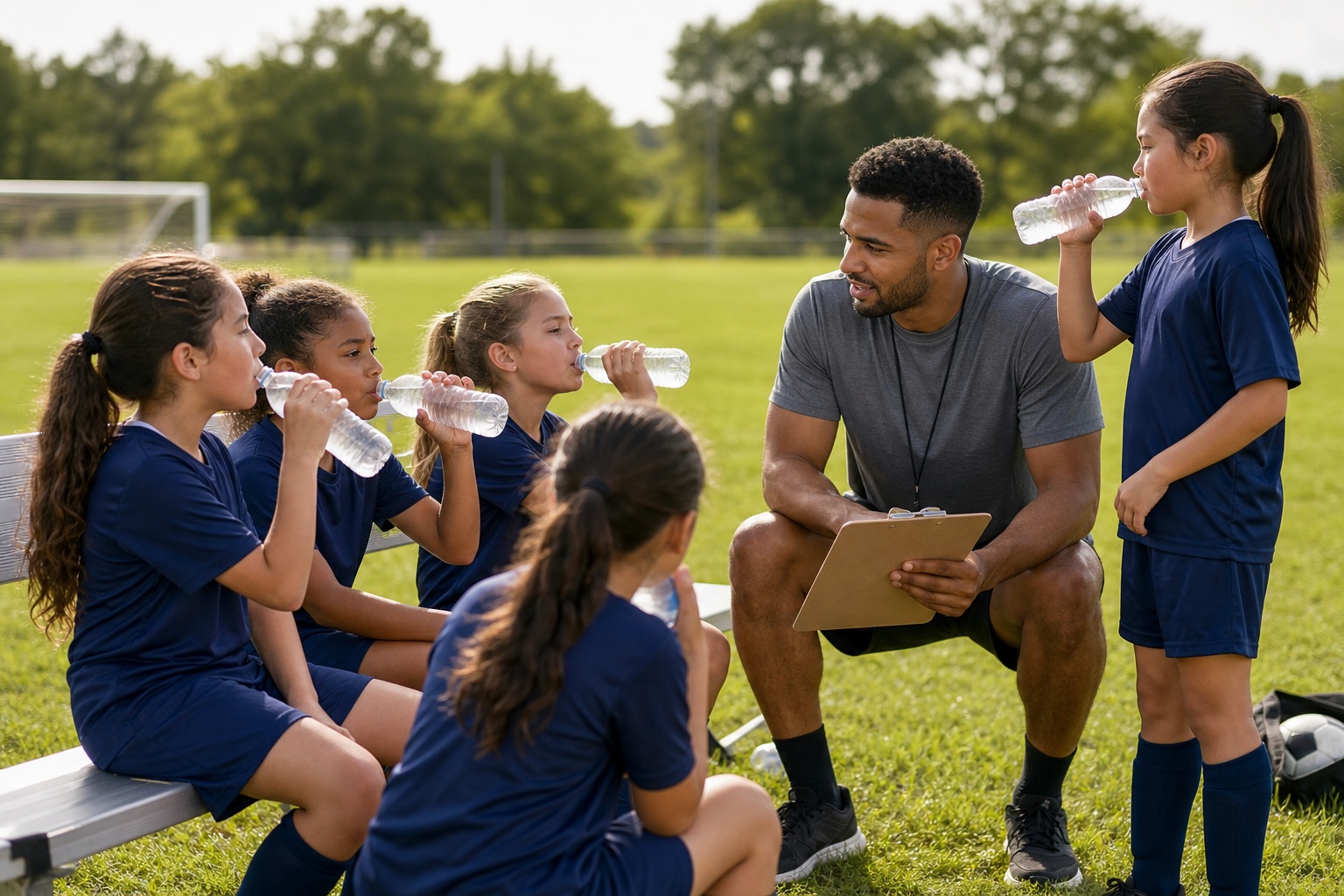 Youth soccer coach speaking with players beside a field bench during a break